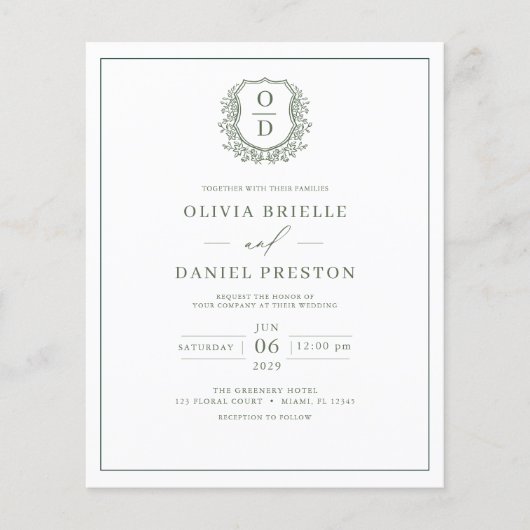 Papier Faire-part de mariage Monogramme vert de l'échelle (Devant)