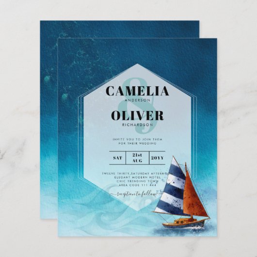 Papier Faire-part de mariage nautique avec voilier (Devant / Derrière)