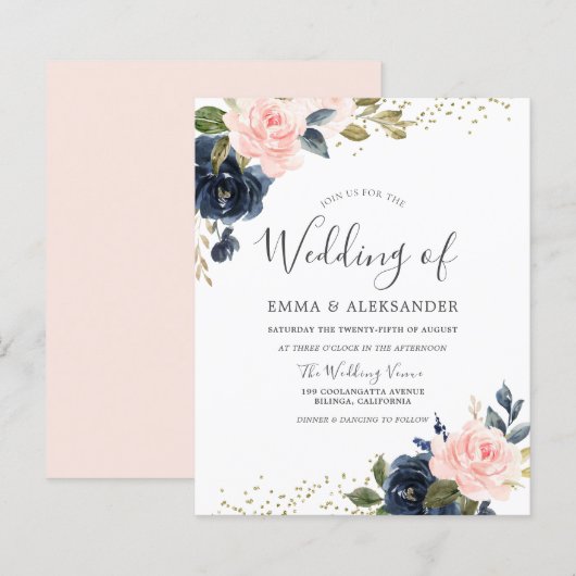 Papier Faire-part de mariage Navy & Blush à petit budget (Devant / Derrière)