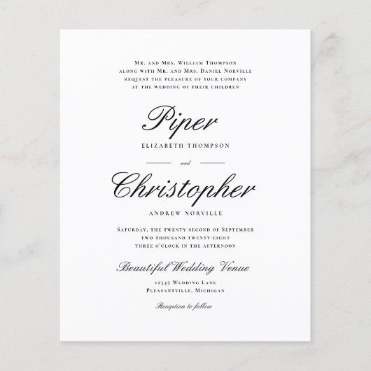 Papier Faire-part de mariage noir de script cursive budgé (Devant)