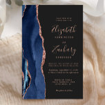 Papier Faire-part de mariage or Rose d'âge noir budget<br><div class="desc">Le bord gauche de cette élégante faire-part de mariage moderne est orné d'une bordure en aquarelle bleu marine ornée d'une parties scintillant en or rose. Le texte personnalisable combine écriture rose, cuivre et polices italiques sur un arrière - plan non noir. L'envers est assorti d'une agate bleu marine et d'or...</div>
