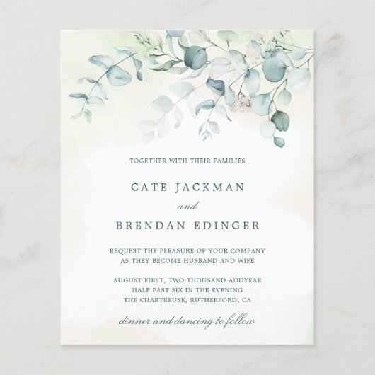 Papier Faire-part de mariage pas cher avec verdure d'euca (Devant)