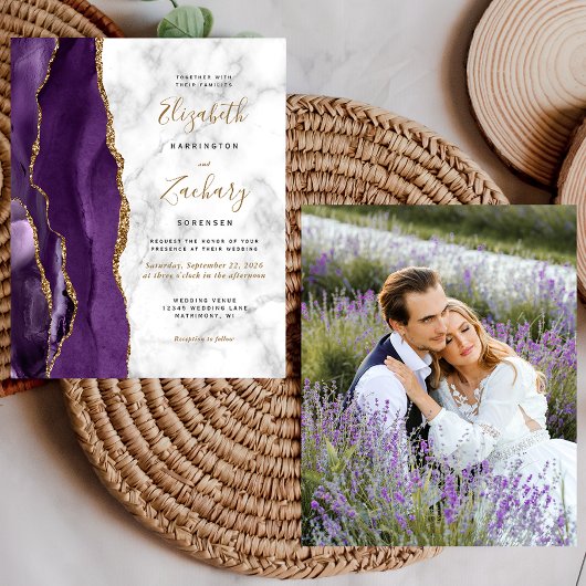 Papier Faire-part de mariage photo Agate or violet Budget