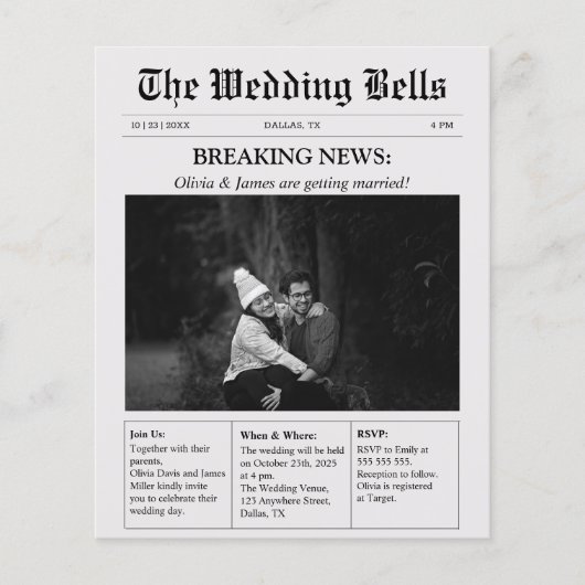 Papier Faire-part de mariage photo de journal unique budg (Devant)