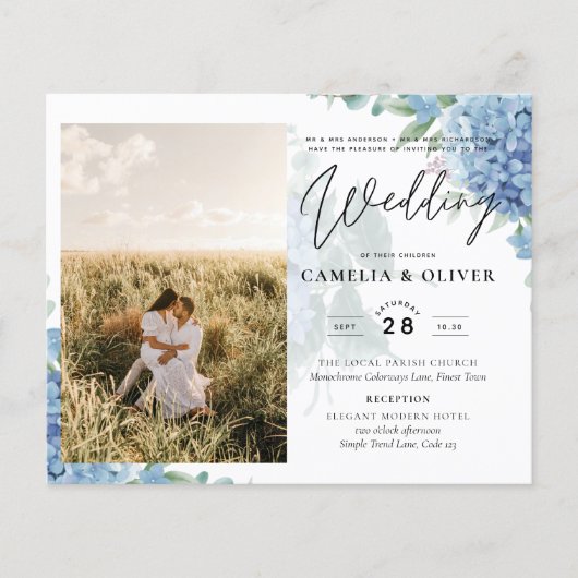 Papier Faire-part de mariage photo moderne Blue Hydrangea (Devant)