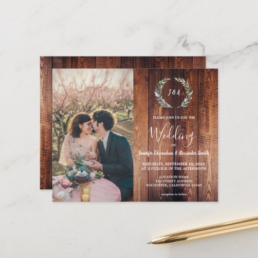 Papier Faire-part de mariage photo monogramme en bois de  (Devant/Arrière en situation)