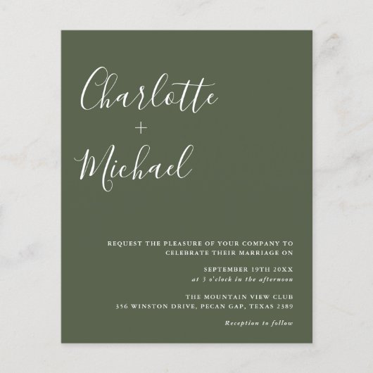 Papier Faire-Part de Mariage Photo Vert Olive Script Budg (Devant)