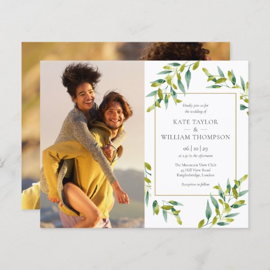 Papier Faire-part de mariage Photos Budget Vert (Devant / Derrière)