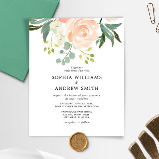 Papier Faire-Part de Mariage Rose et Feuillage Budget