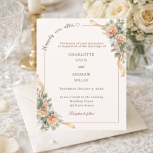 Papier Faire-part de mariage ruban floral champagne ivoir