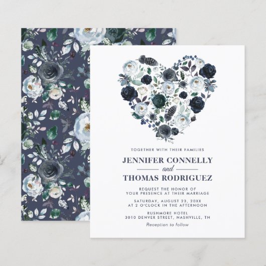 Papier Faire-part de mariage rustique bleu floral à petit (Devant / Derrière)