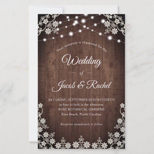 Papier Faire-part de mariage Rustique Lace & String Light (Devant)
