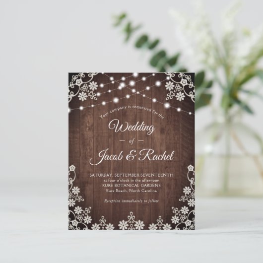 Papier Faire-part de mariage Rustique Lace & String Light (Debout devant)