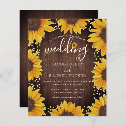 Papier Faire-part de mariage Rustique Sunflower Gold Dots (Devant / Derrière)