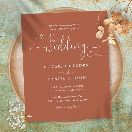Papier Faire-part de mariage script coeurs de terre cuite