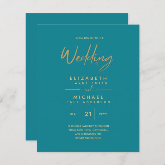 Papier Faire-Part de Mariage Simple Moderne Or Sarcelle à (Devant / Derrière)