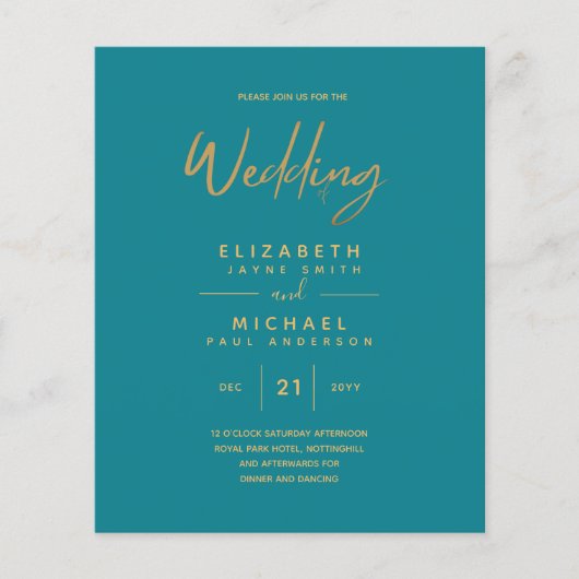 Papier Faire-Part de Mariage Simple Moderne Or Sarcelle à (Devant)