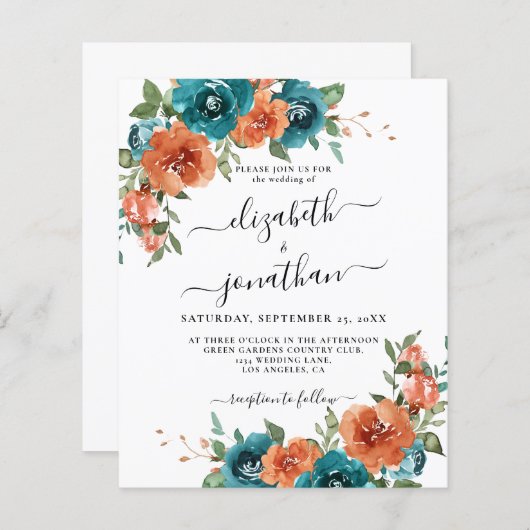 Papier Faire-part de mariage Teal Burnt Orange Budget Rus (Devant / Derrière)