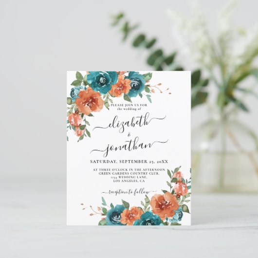Papier Faire-part de mariage Teal Burnt Orange Budget Rus (Debout devant)