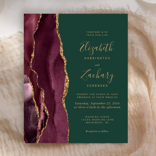 Papier Faire-part de mariage vert agate or Bourgogne