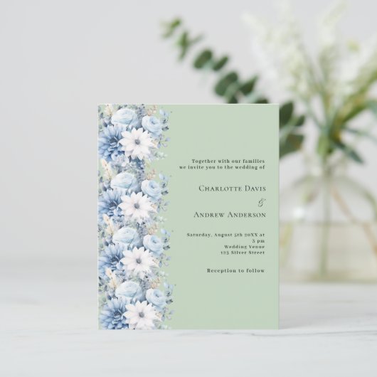 Papier Faire-part de mariage vert bleu poussiéreux (Debout devant)