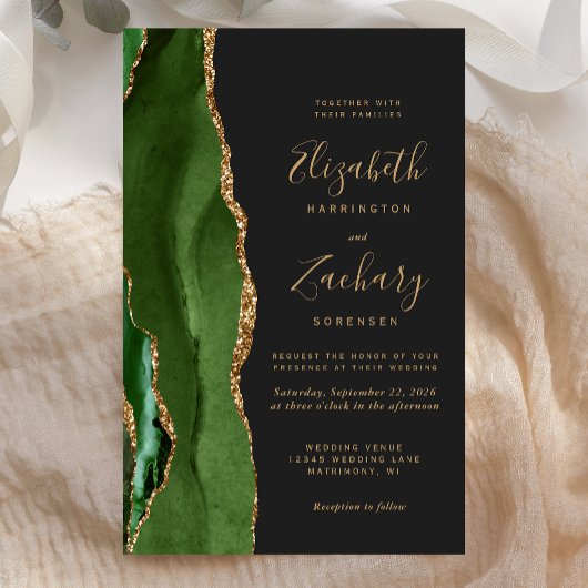 Papier Faire-part de mariage vert chasseur agate or foncé