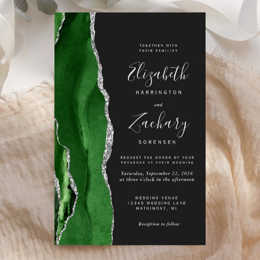 Papier Faire-part de mariage vert chasseur argent agate s