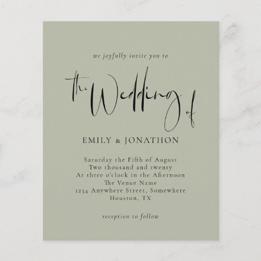 Papier Faire-part de mariage vert de script budgétaire pâ (Devant)