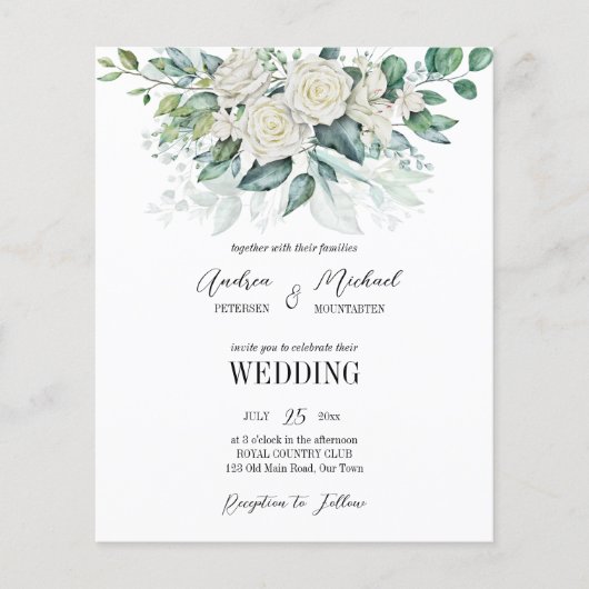 Papier Faire-part de mariage vert eucalyptus blanc roses (Devant)