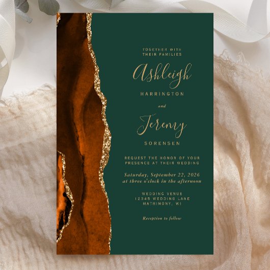 Papier Faire-part de mariage vert or rustique à budget él