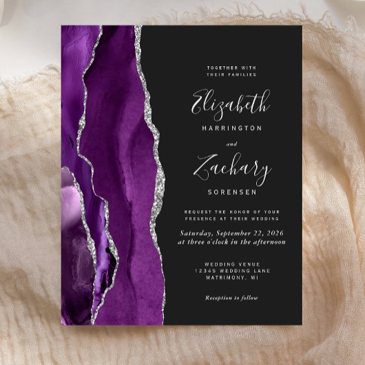 Papier Faire-part de mariage violet argent Agate foncé