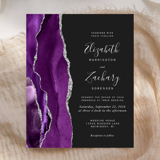 Papier Faire-part de mariage violet argent Agate foncé