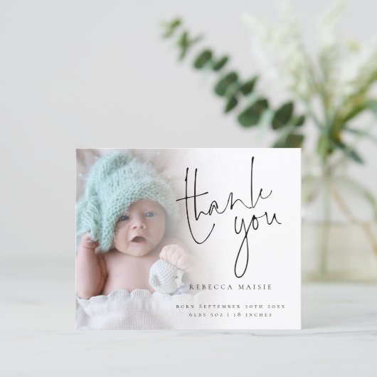 Papier Faire-part de naissance de Merci de script photo b (Debout devant)