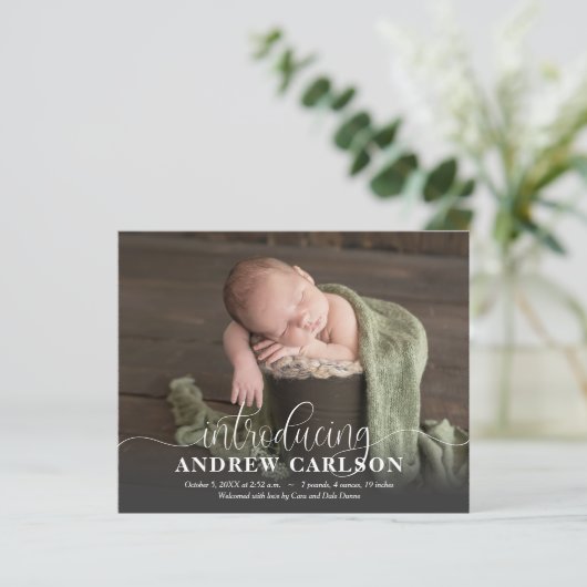 Papier Faire-part de naissance de script blanc de la phot (Debout devant)