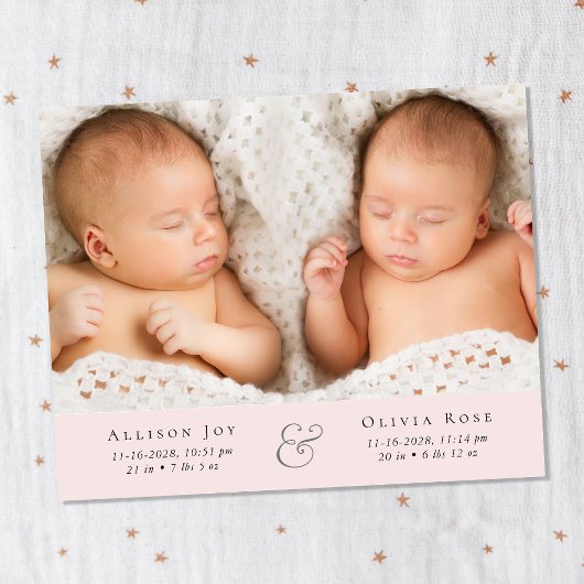 Papier Faire-part de naissance rose photo minimal Twin Gi