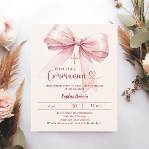 Papier Faire-part de première communion fille crème rose