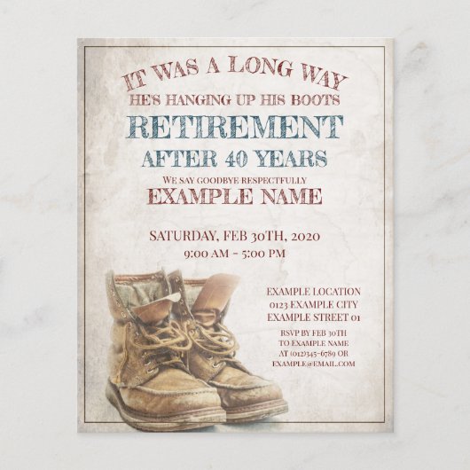 Papier Faire-part de retraite avec de vieilles bottes (Devant)