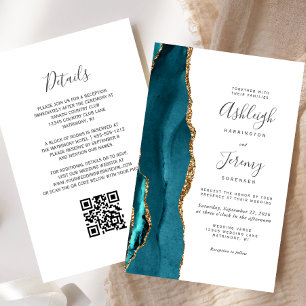 Papier Fairepart de mariage à code QR sarcelle doré à pet