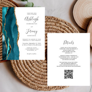 Papier Fairepart de mariage à code QR sarcelle doré à pet