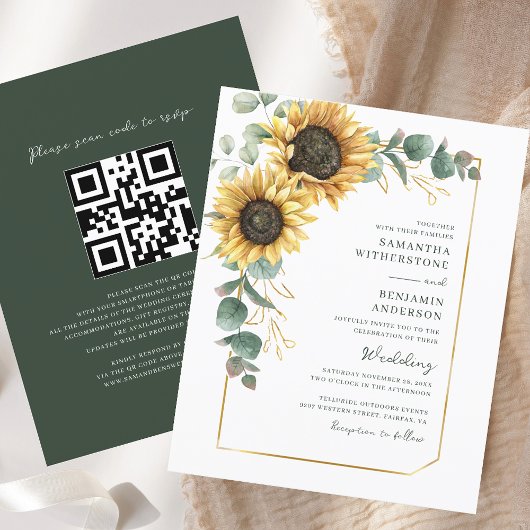Papier Fairepart de mariage code QR tout-en-un Tournesol