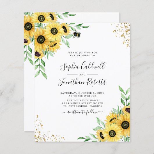 Papier Fairepart de Mariage Tournesols Abeille Budget Tou (Devant / Derrière)