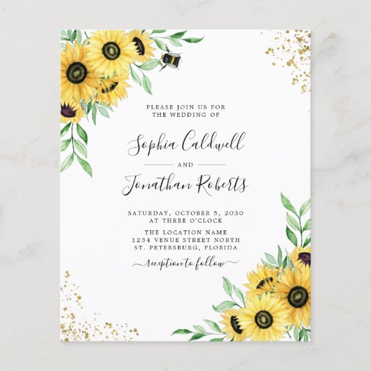 Papier Fairepart de Mariage Tournesols Abeille Budget Tou (Devant)
