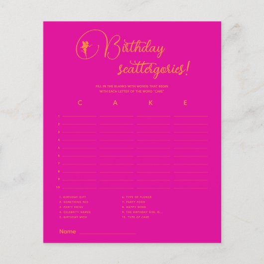 Papier Fairy Birthday scattergories! Jeu de fête d'annive (Devant)