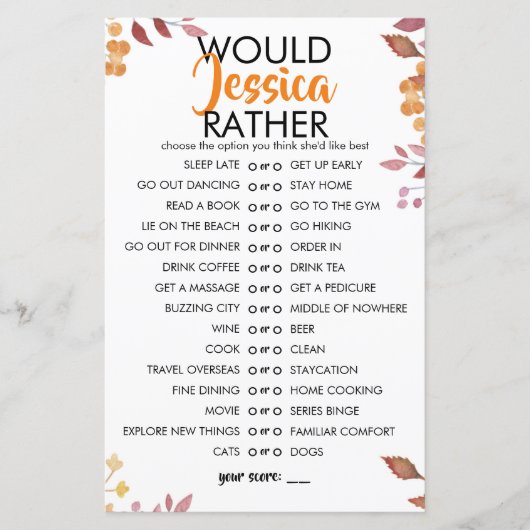 Papier Fall Leaves Customisable Would She Rather Game (Devant)