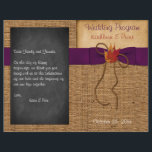 Papier Fall Leaves FAUX Burlap Chalkboard Wedding Program<br><div class="desc">Ce magnifique programme de mariage d'automne rustique ou l'Ordre du Service dans les couleurs d'automne de l'orange brûlé, de la rouille, de l'or et du brun a des images de trois feuilles d'érable séchés avec un arc à deux branches IMPRIMÉ et un look satiné violet brillant ruban et arc IMPRIMÉS,...</div>
