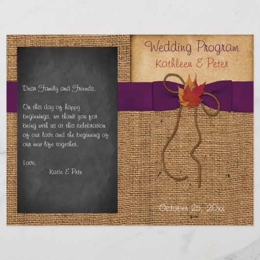 Papier Fall Leaves FAUX Burlap Chalkboard Wedding Program (Devant)
