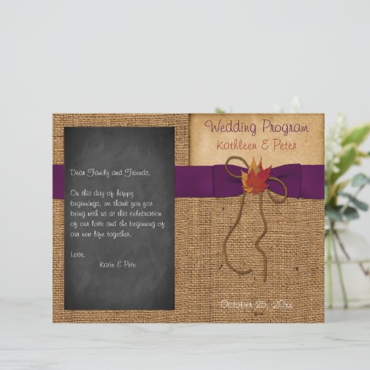 Papier Fall Leaves FAUX Burlap Chalkboard Wedding Program (Debout devant)