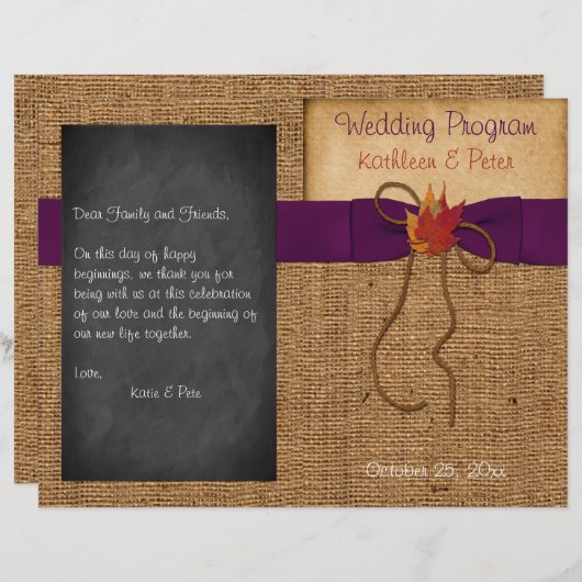 Papier Fall Leaves FAUX Burlap Chalkboard Wedding Program (Devant / Derrière)