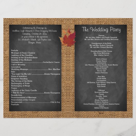 Papier Fall Leaves FAUX Burlap Chalkboard Wedding Program (Dos)