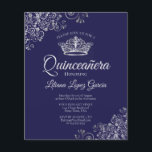 Papier Fancy Silver & Navy BUDGET Quinceañera Invitation<br><div class="desc">Ces invitations abordables et abordables Quinceañera sont le choix parfait pour la classe, le style et la beauté sur un budget. Le design est composé d'un arrière - plan marine ou bleu nuit, avec une couronne argentée et des boucles et tourbillons gris argenté dans les coins. La typographie comprend des...</div>